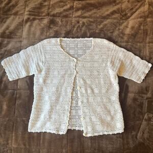 White crochet short sleeve button up cardigan top